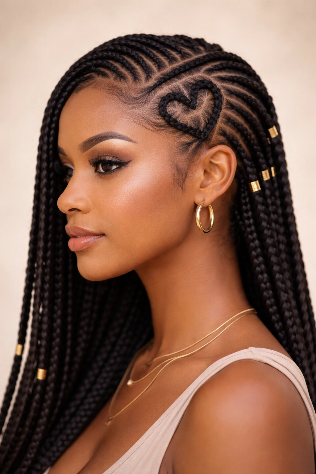 Close-up portrait of a person with side heart-shaped cornrows, showing the heart braid pattern