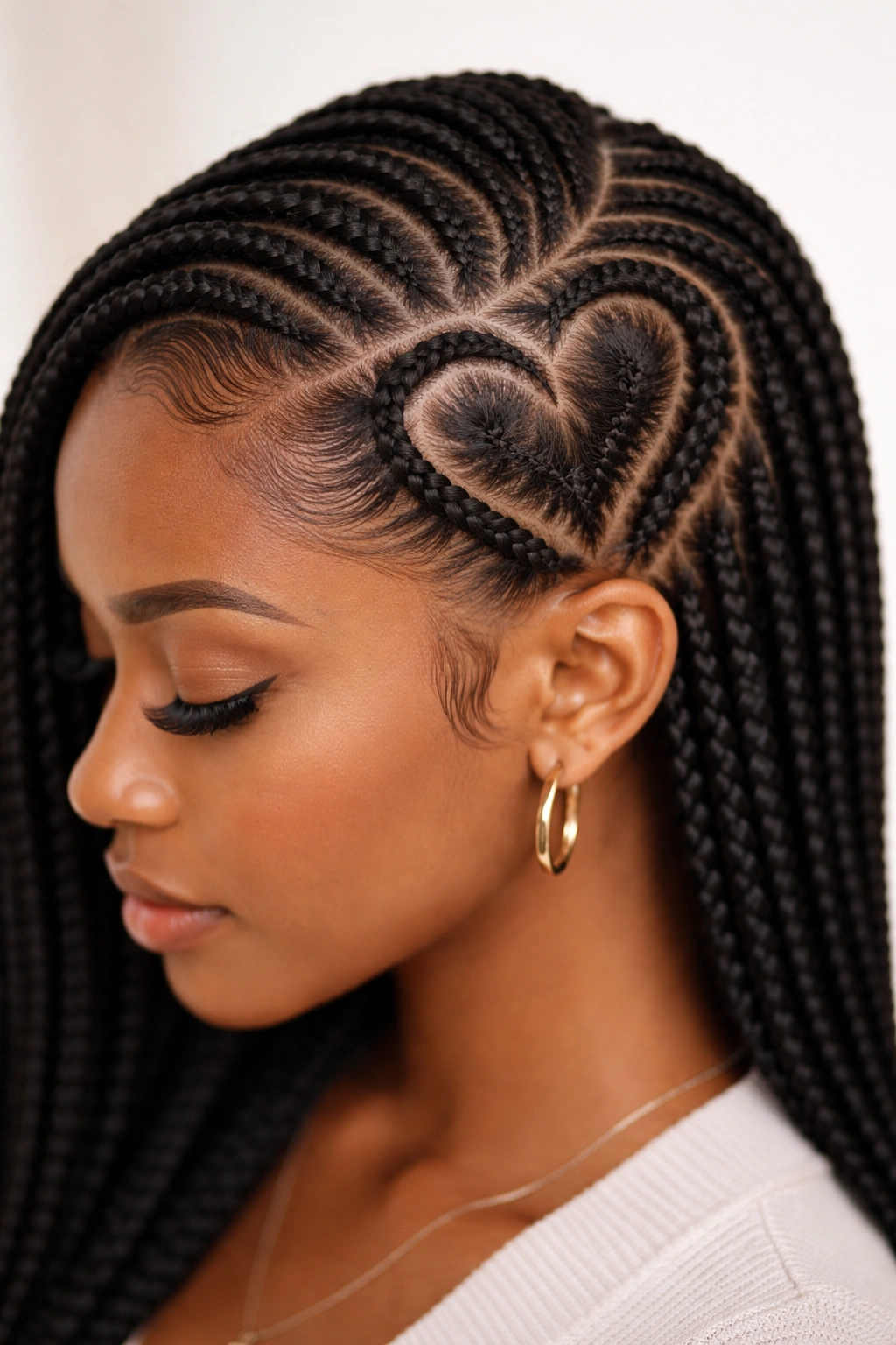 Close-up of classic side-part heart cornrows on the scalp