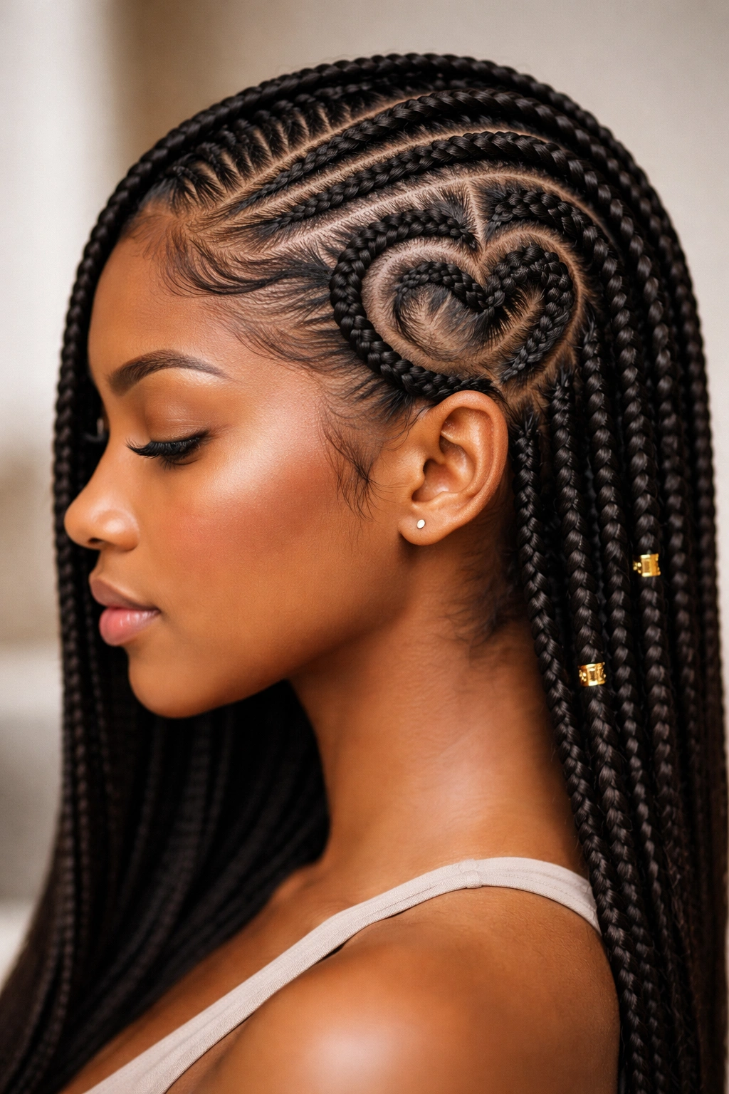 Neatly styled heart cornrows with glossy finish