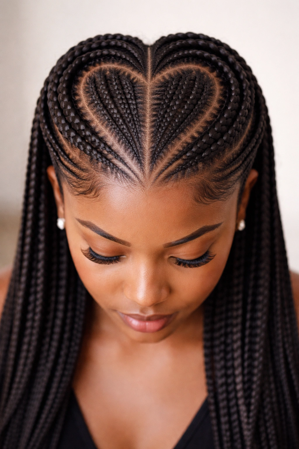 Close-up of crown-shaped heart outline formed by cornrows around the upper head