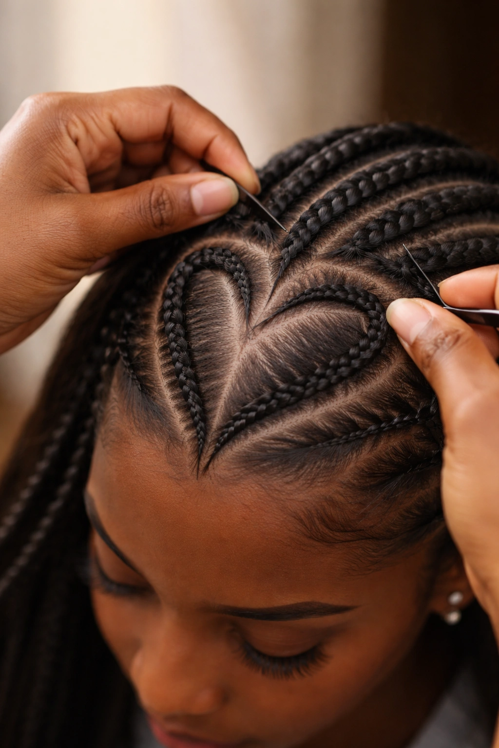 Hands braiding around a heart-shaped part on the scalp