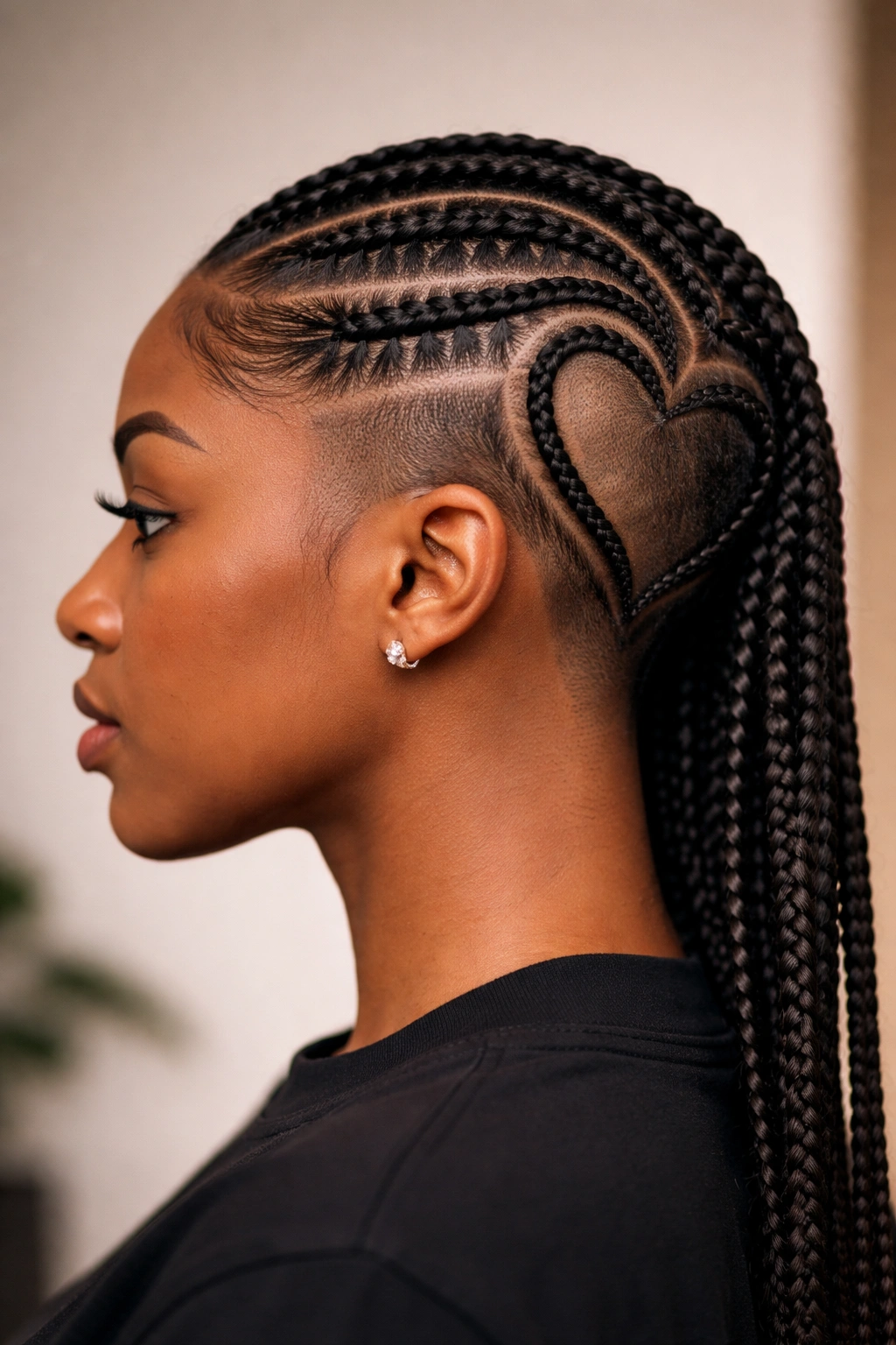 Side-profile heart cornrow design with shaved sides and bold contrast