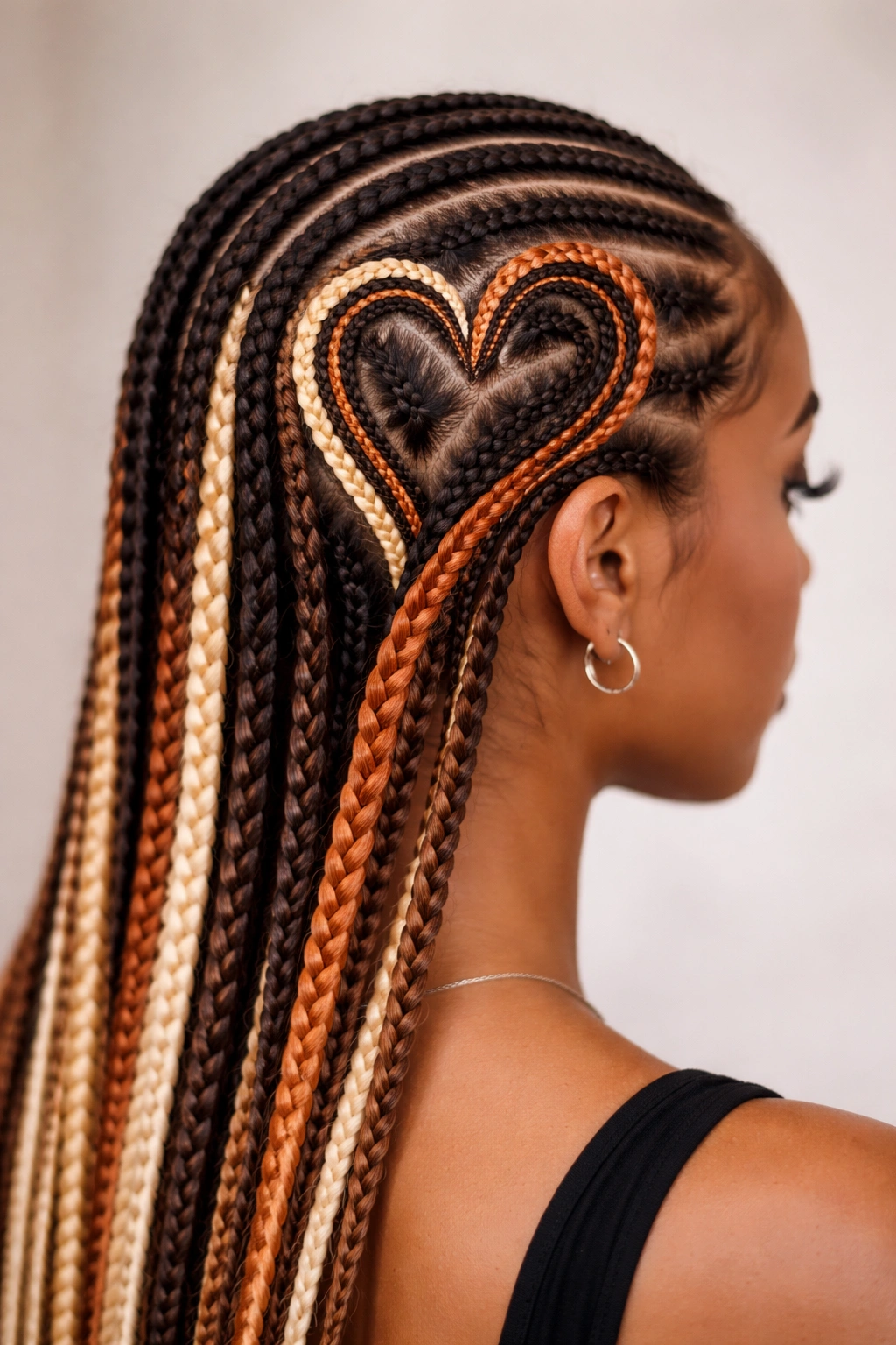 Close-up heart-shaped cornrow design with colored extensions on dark hair