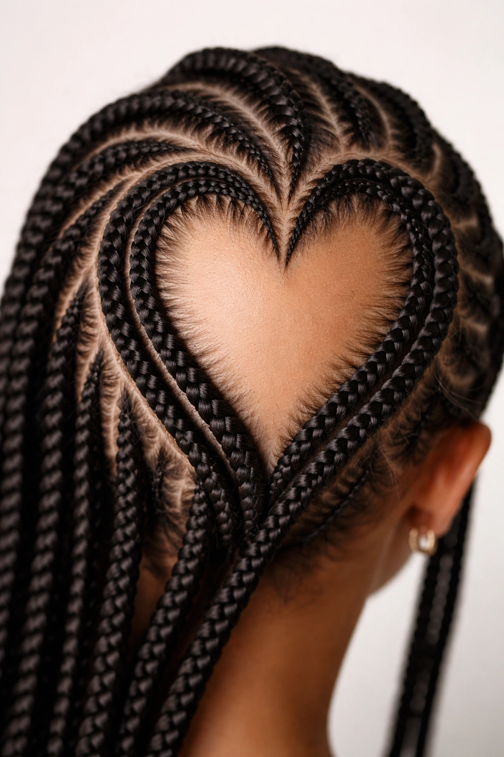 Close-up of hollow heart outline braided on scalp with unbraided center