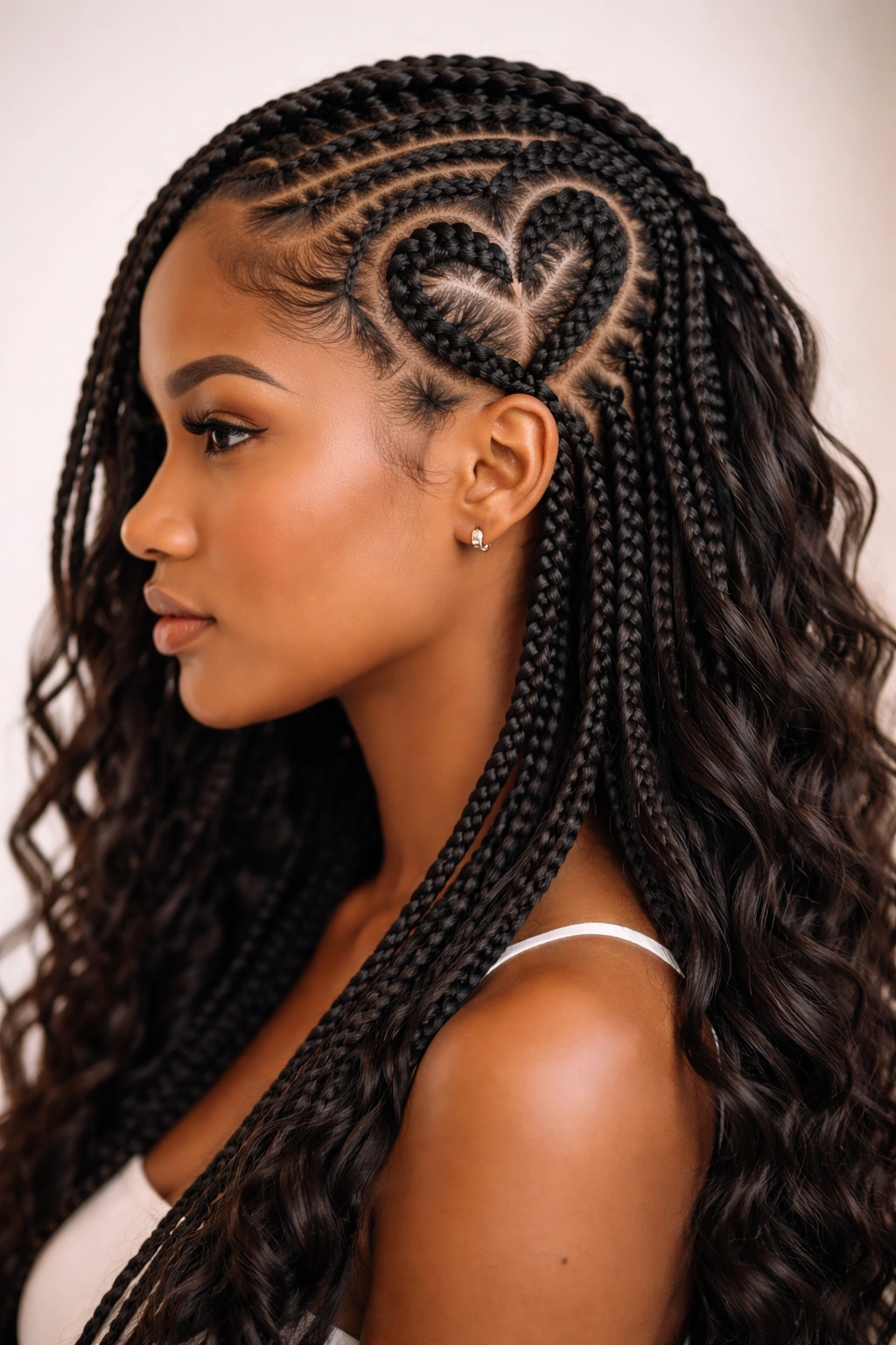 Heart-shaped frame of tight cornrows with loose braids