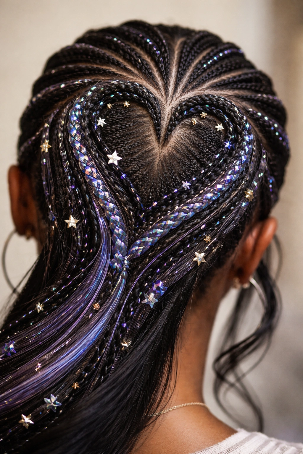 Close-up of heart-shaped cornrows with star beads and iridescent extensions