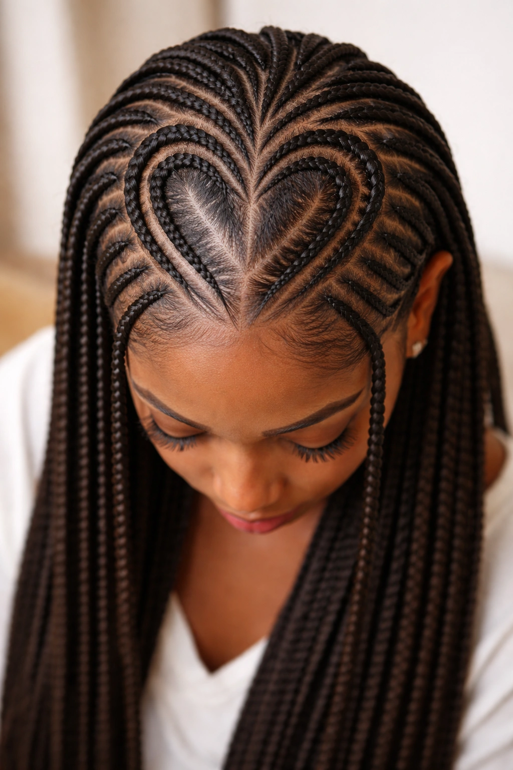 Heart-shaped cornrow path forming negative-space heart on scalp