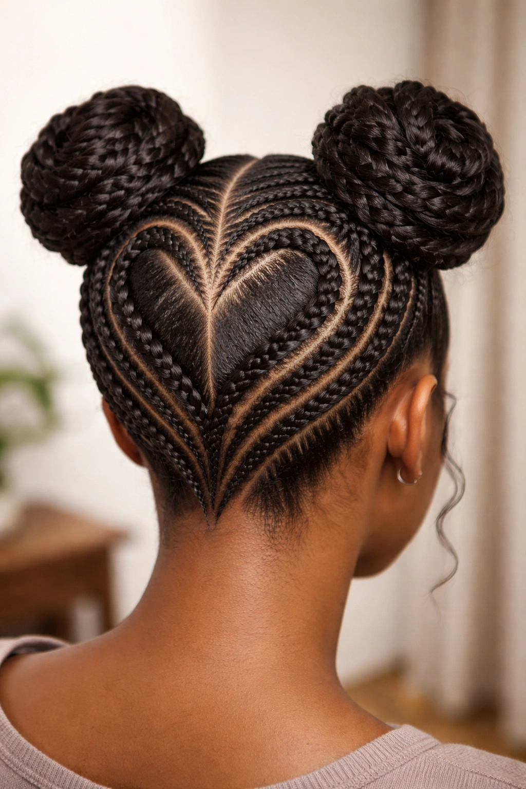 Heart-shaped cornrow pattern on scalp with space buns at the top curves