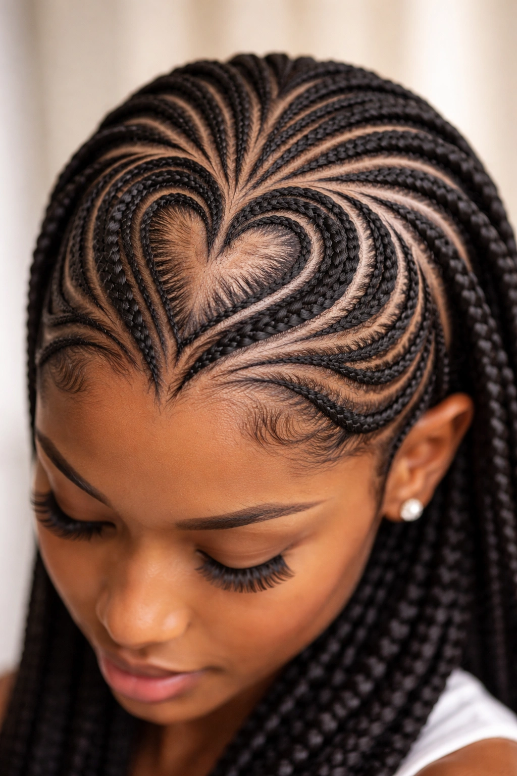 Close-up of heart-shaped cornrows with surrounding swirls