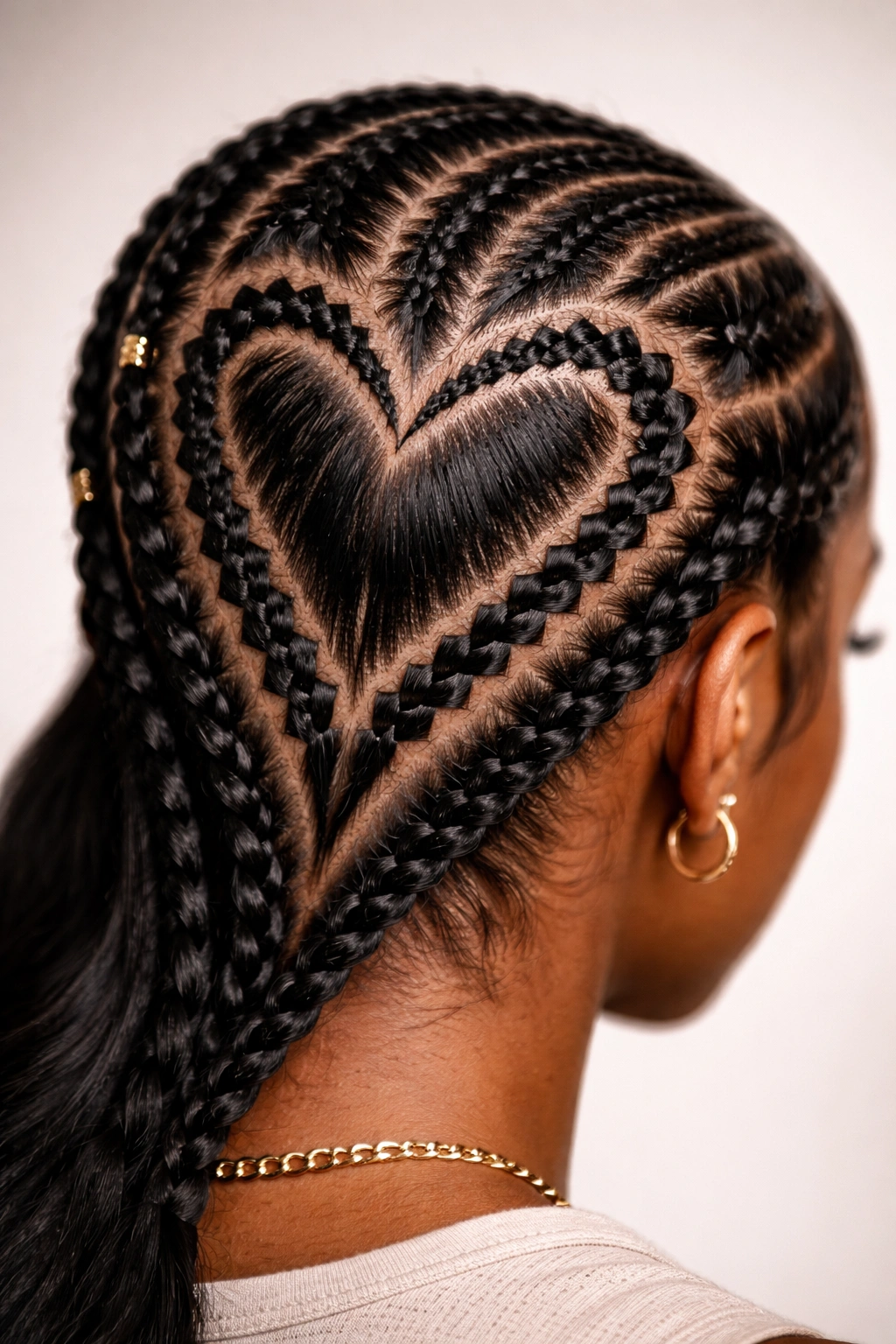 Close-up of a heart outline formed with zigzag edges in cornrows