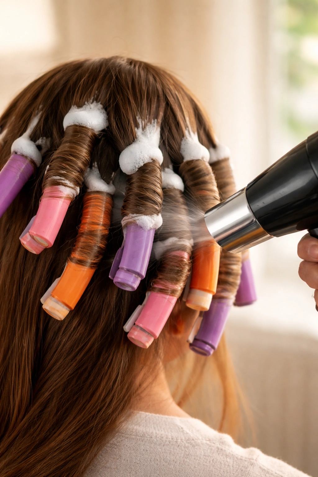 Hair on rods with mousse and blow dryer for quick heat-setting