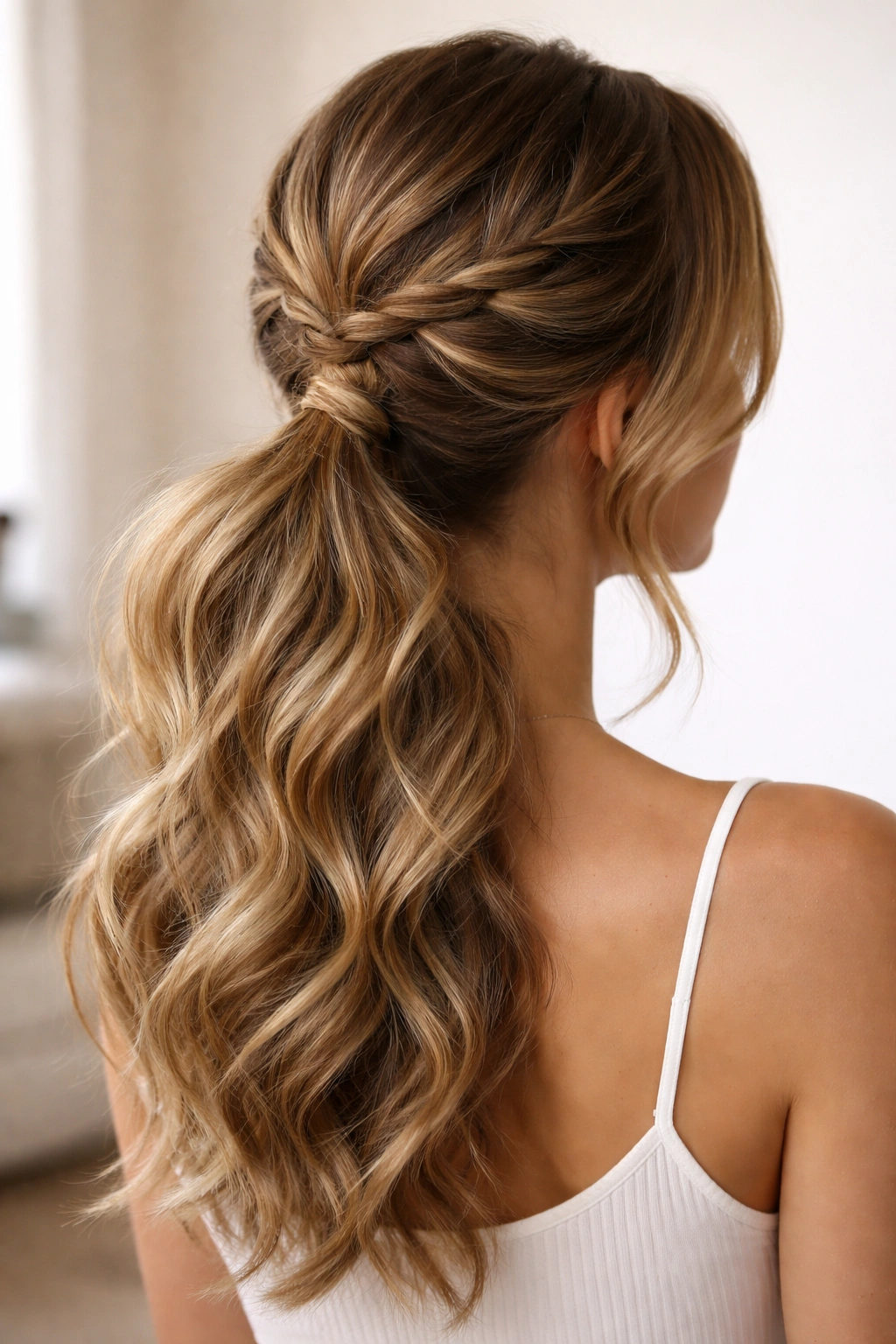 Heatless waves flowing into a low ponytail with a subtle crown braid