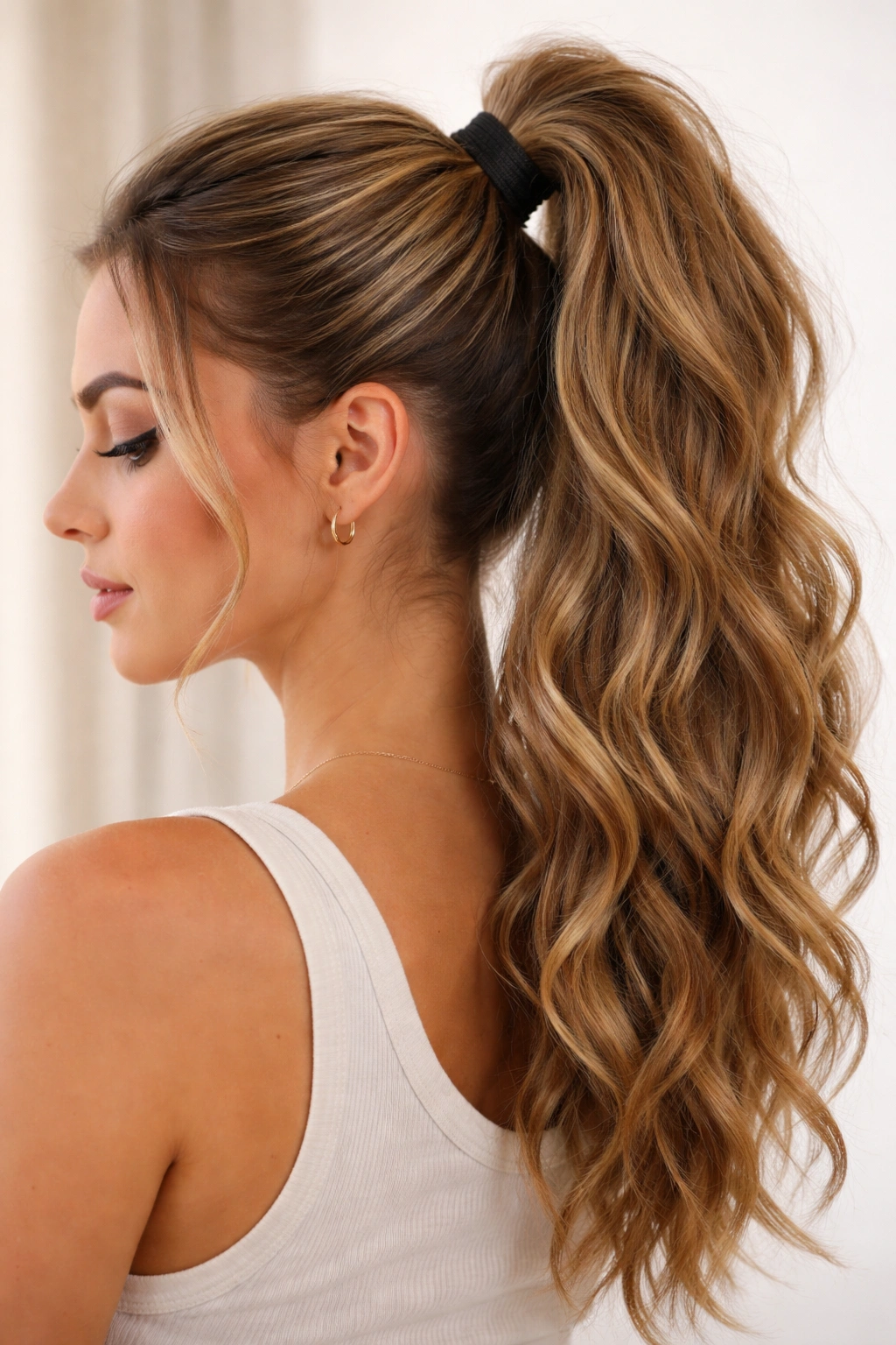 Close-up of a high ponytail with textured waves secured by multiple elastics