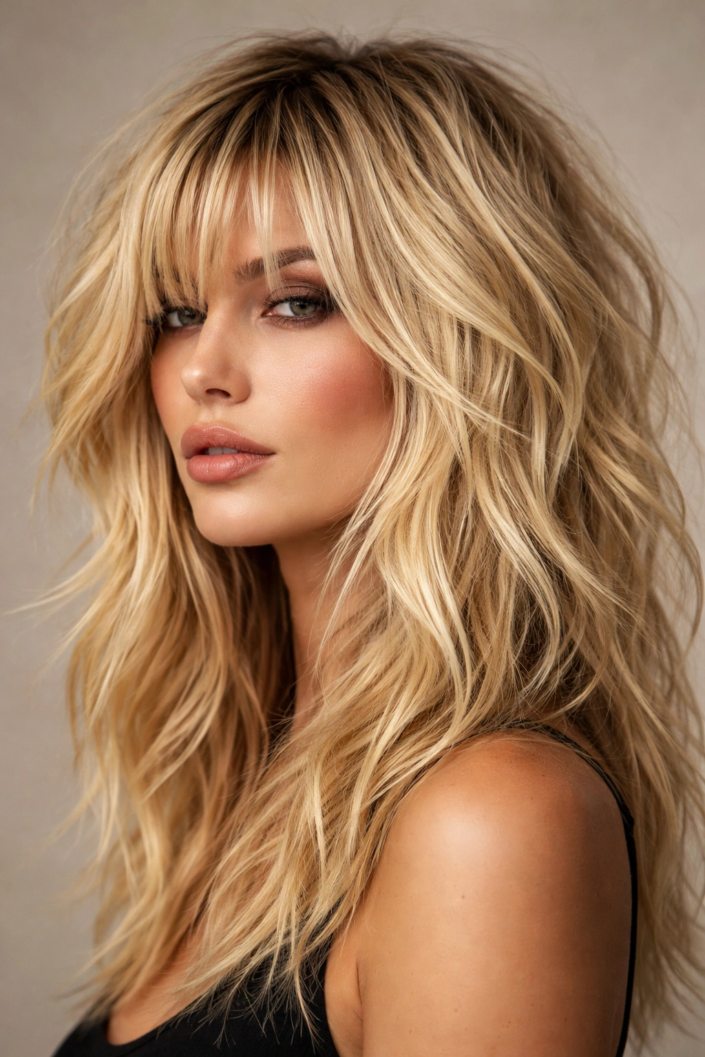 Blonde heavily textured choppy hairstyle with bangs