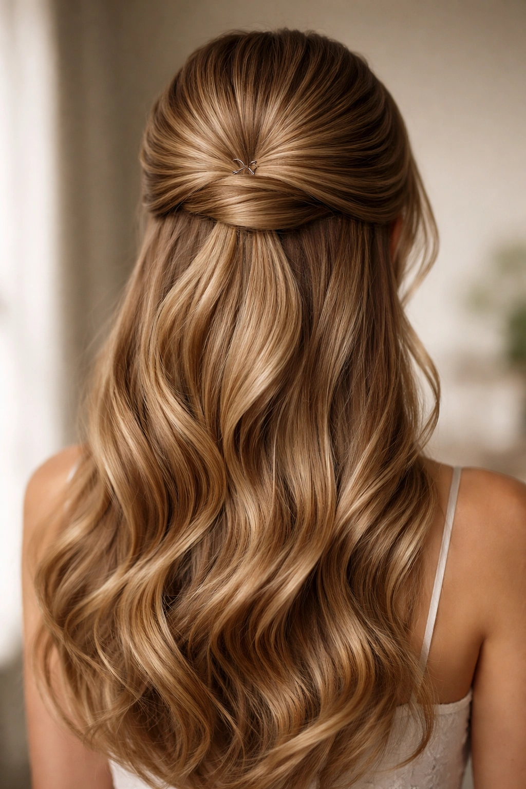 Hair half up with clip hidden beneath gathered hair