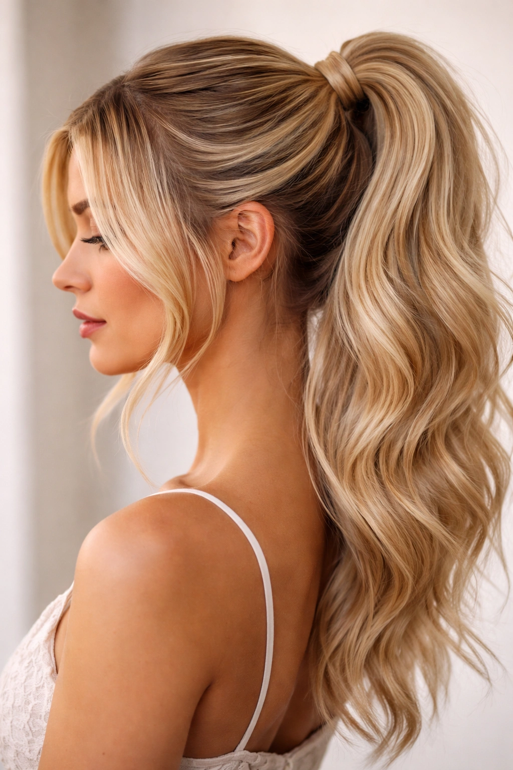 Textured blonde ponytail with hidden face-framing clips