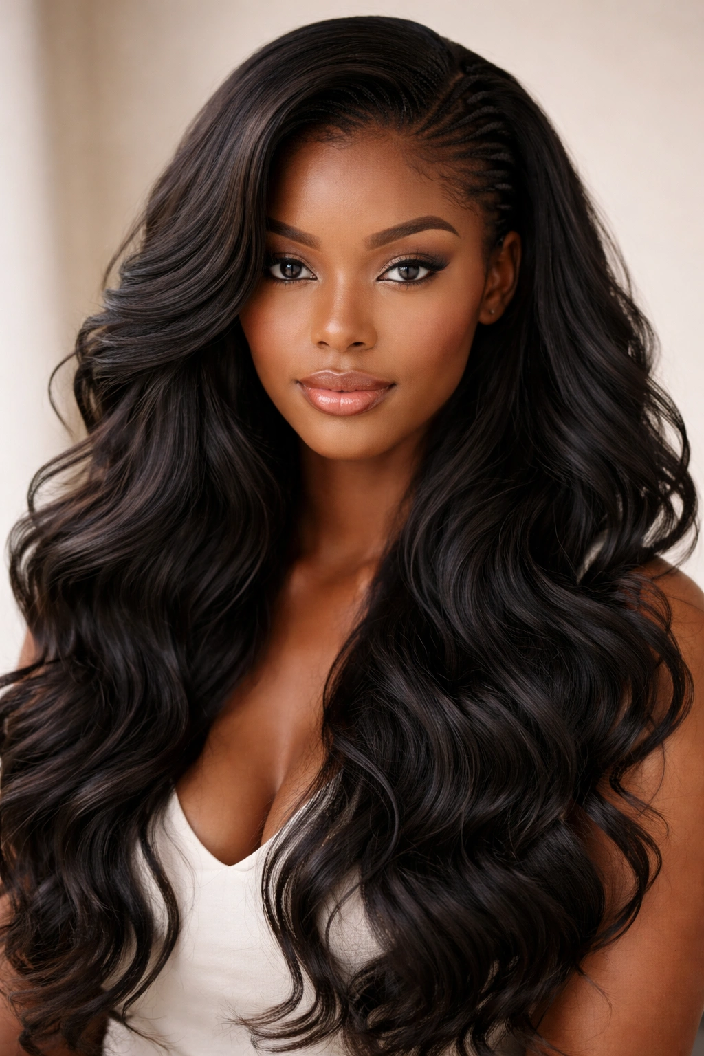 Cascading waves over hidden cornrows creating an elegant look.