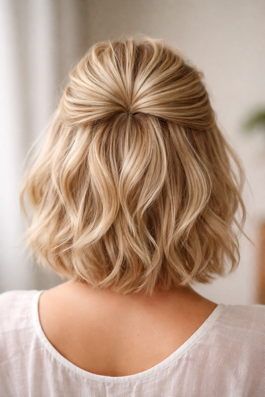 Back view of short blonde hair with hidden crown volume