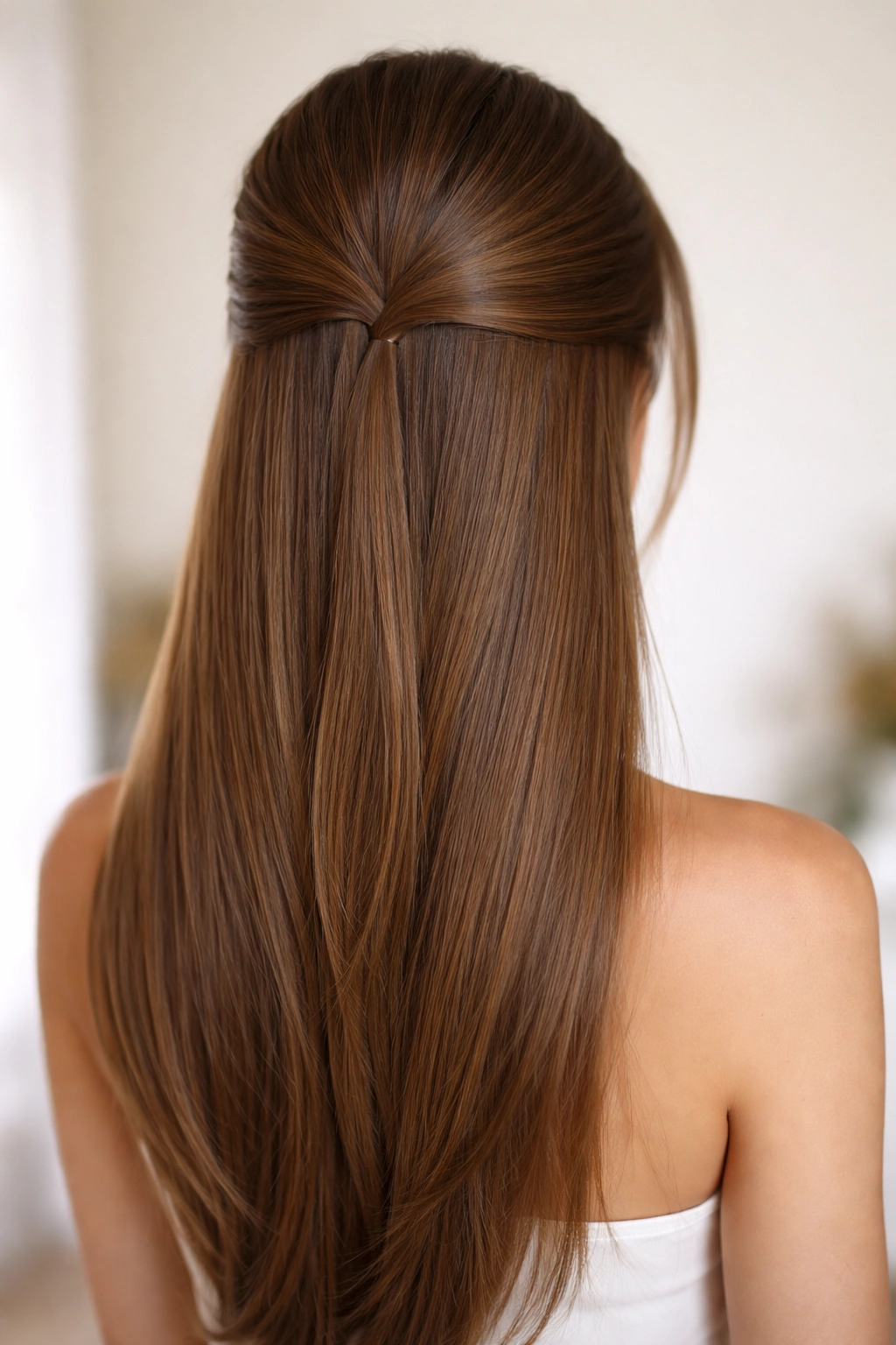 Close-up of half-up hairstyle with hidden elastic secured by hair, seamless look