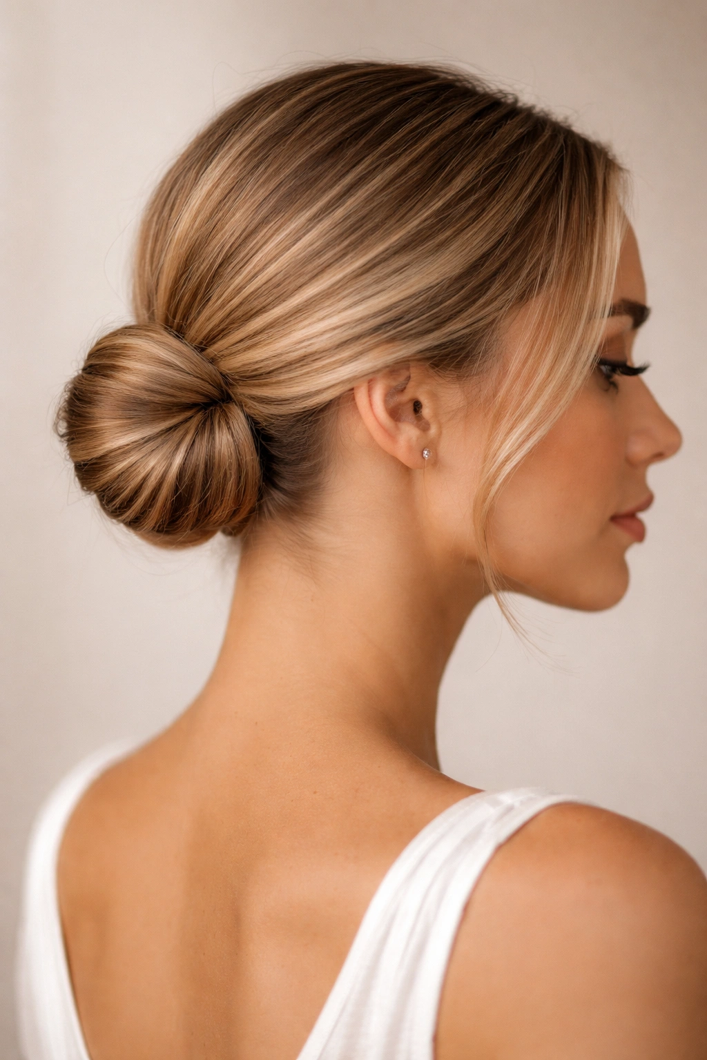 Chic low bun with hidden pins and smooth silhouette