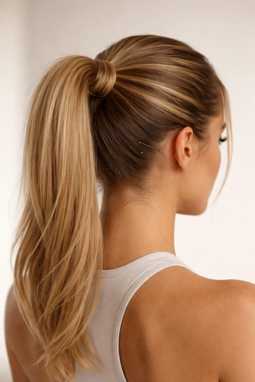 High ponytail with hidden tie wrap around the base secured by bobby pins