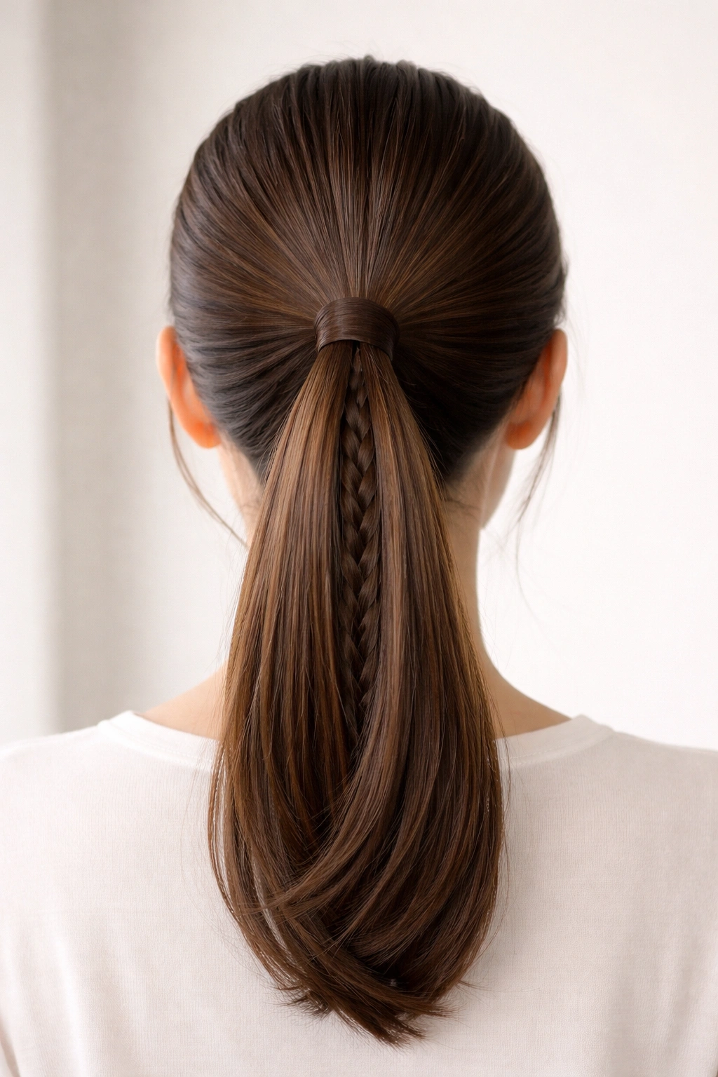 Back view of ponytail with hidden underbraid along underside