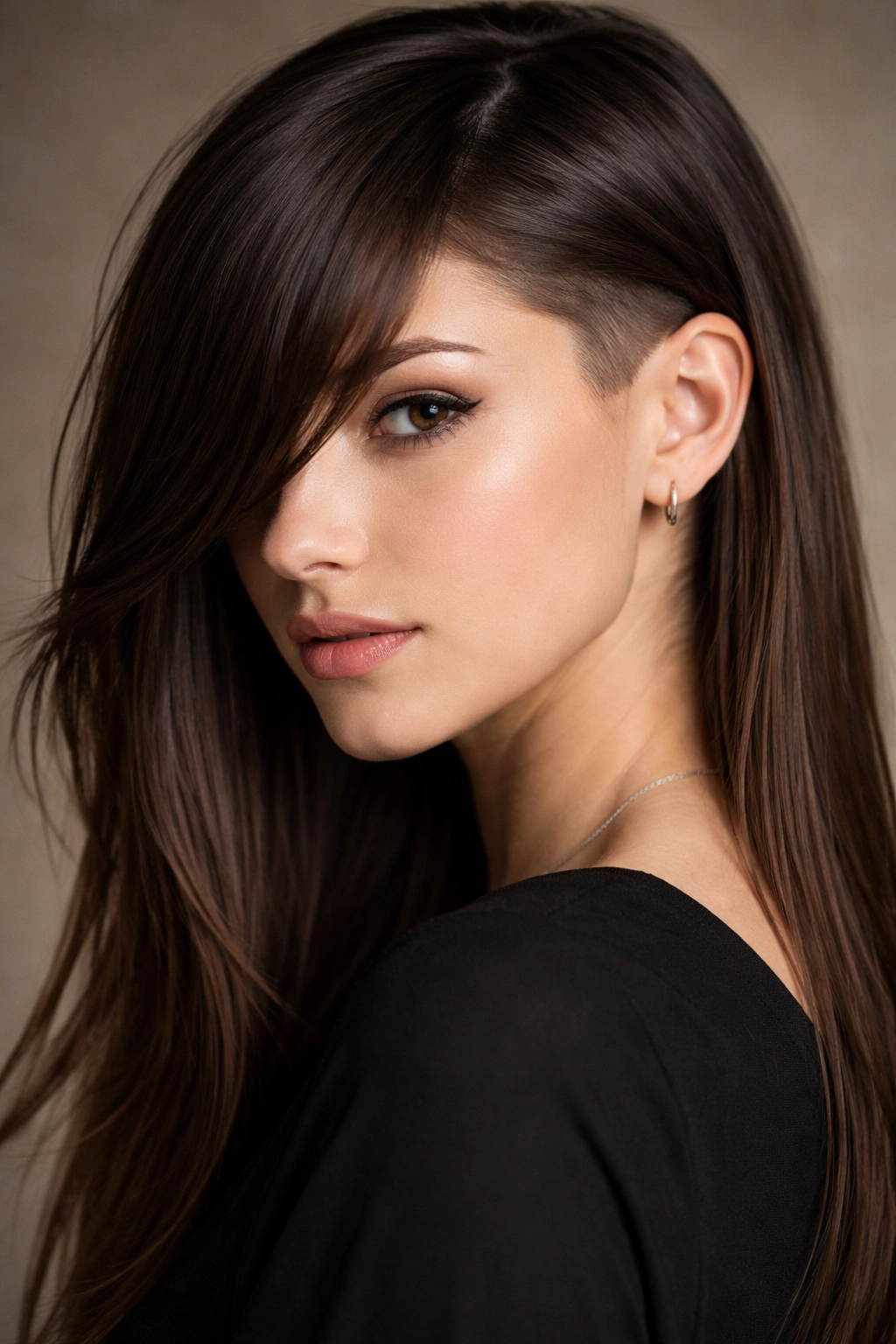 Portrait showing side bangs with a hidden undercut on straight hair.