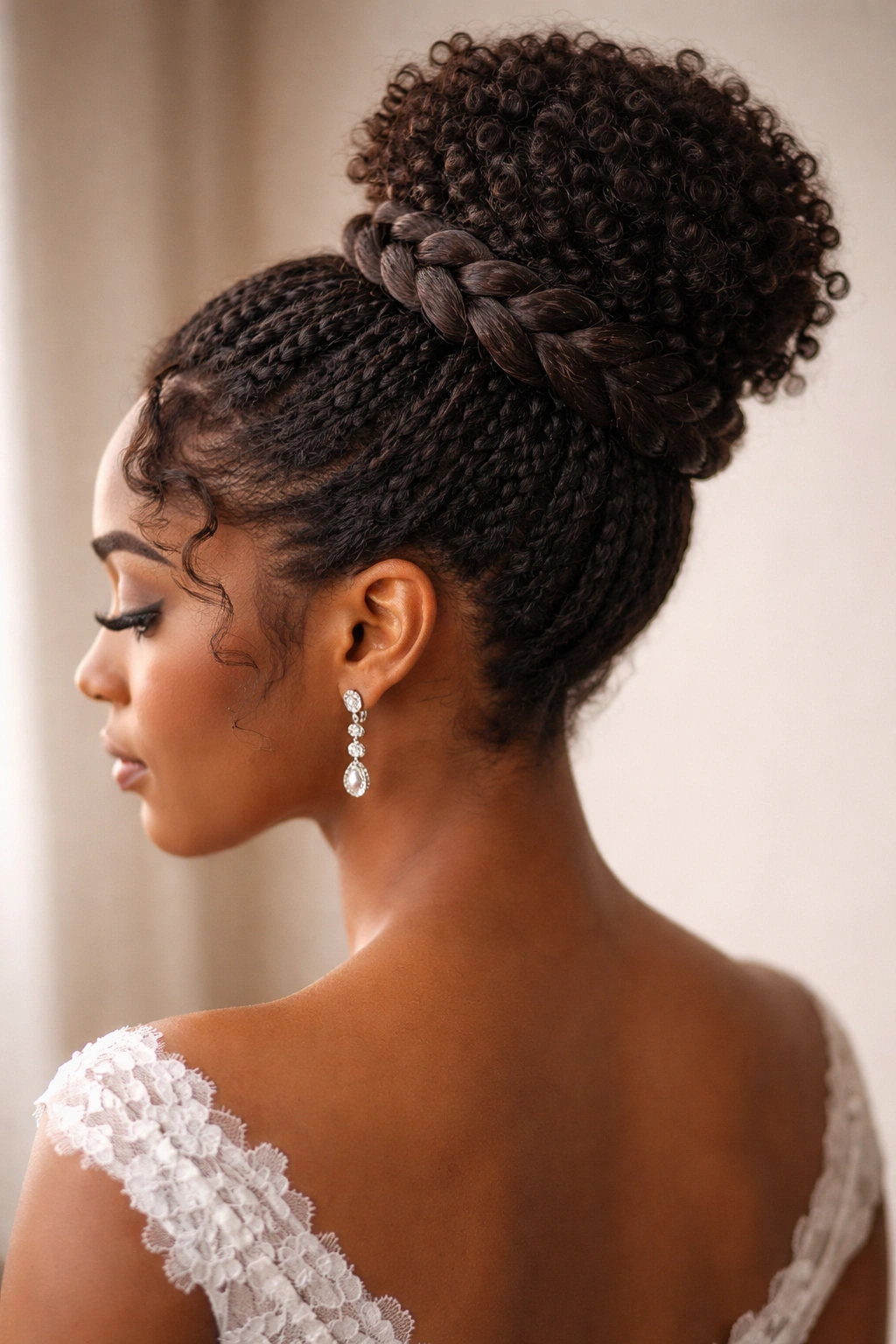 High braided bun on coily hair with visible braid around bun
