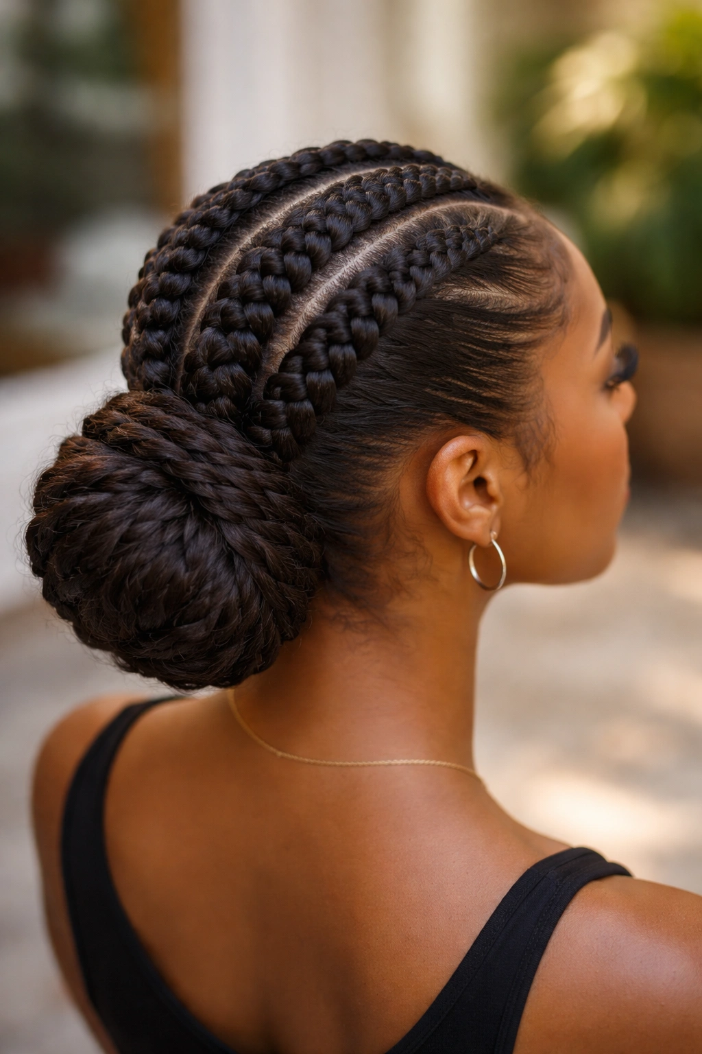 Three high-position cornrows forming an updo beneath