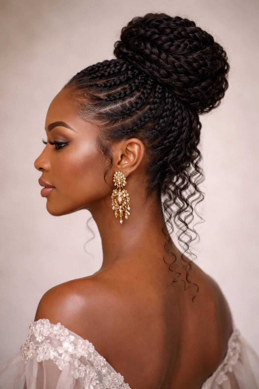 High braided bun with soft nape framing