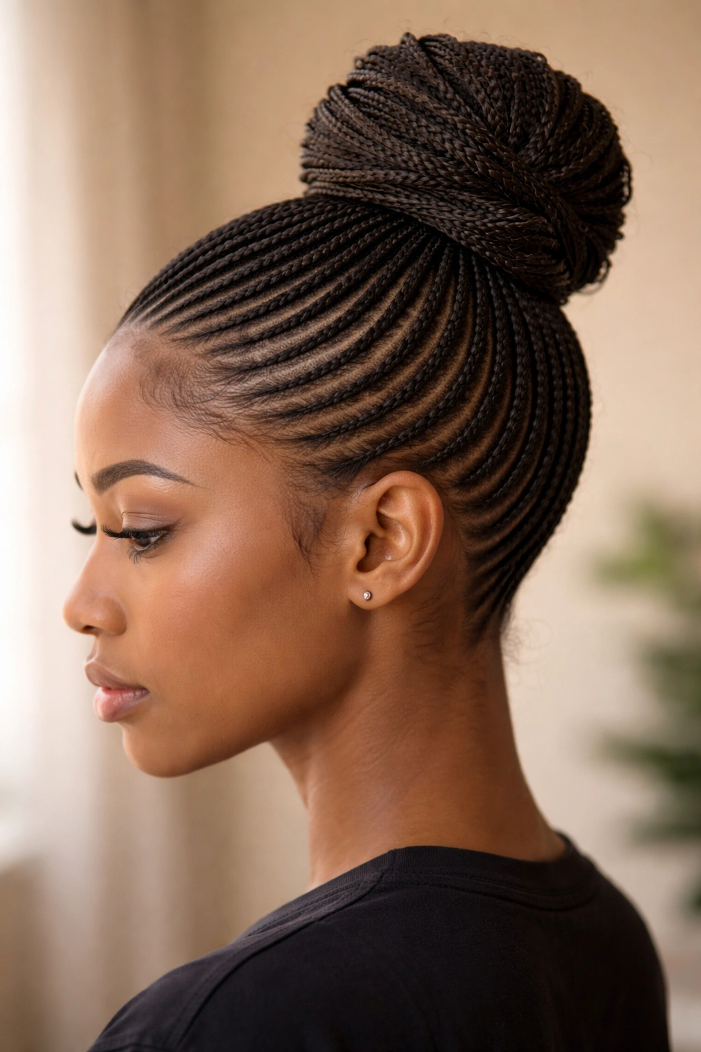 Close-up of micro cornrows styled into a high bun at the crown