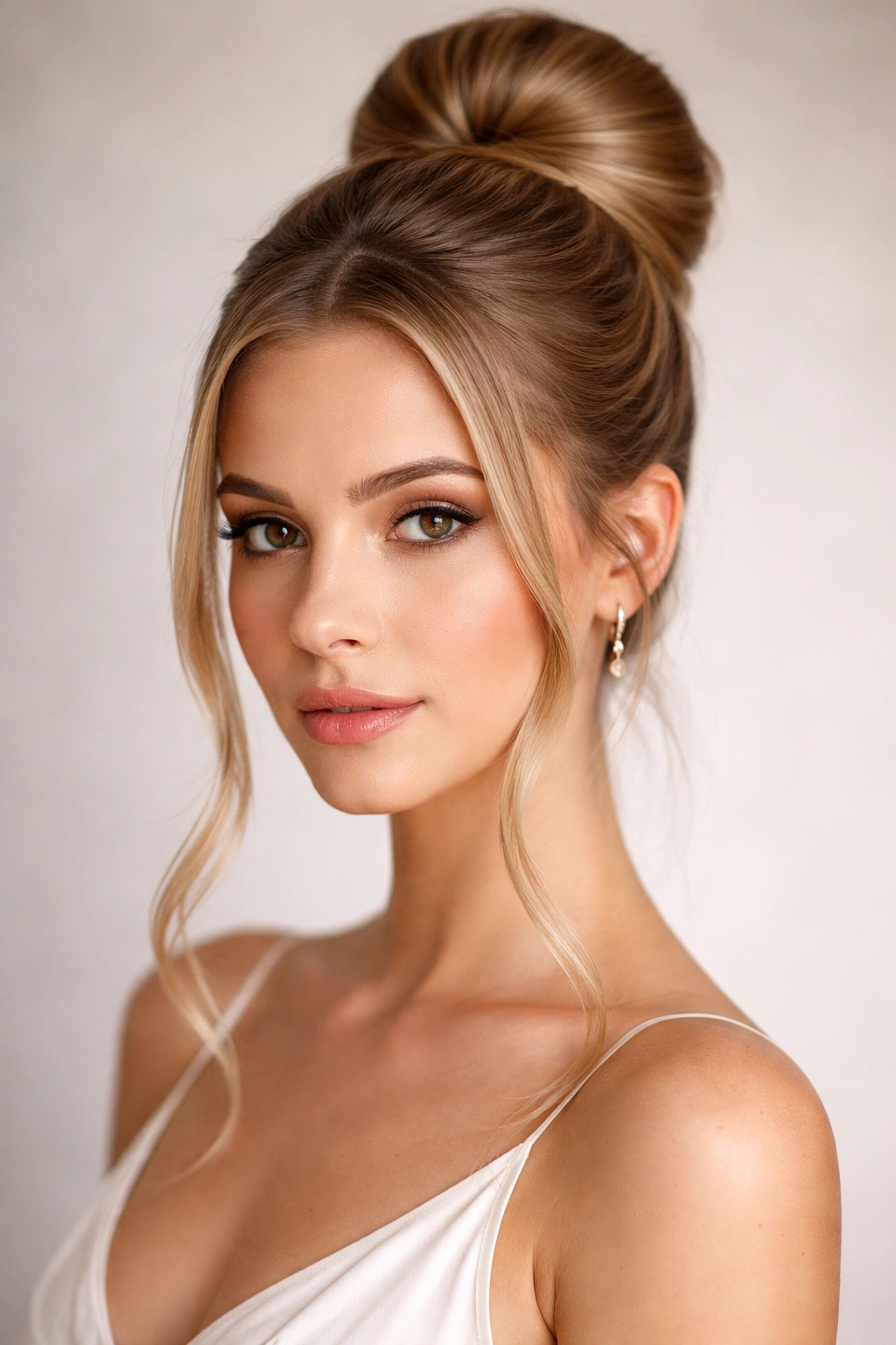 Sleek high bun with face-framing pieces on straight hair