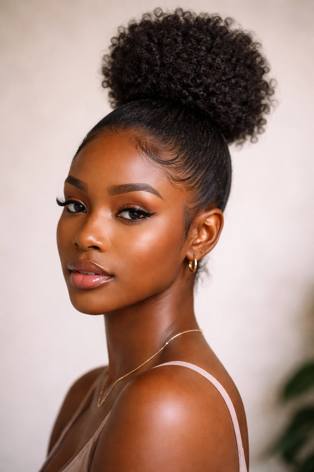 Close-up of a Black woman's 4C hair in a high bun ponytail, crown focus.