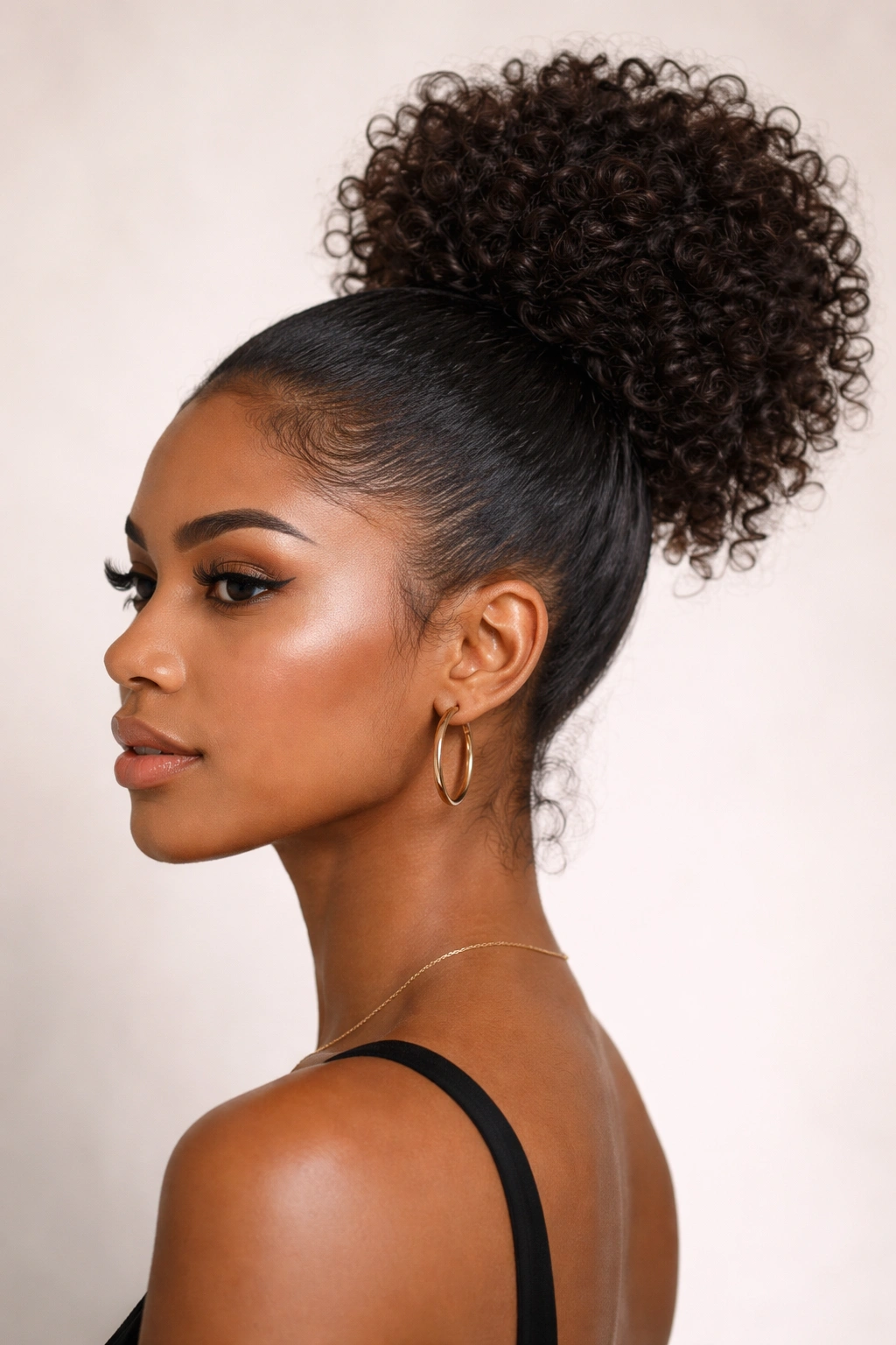 Close-up of a high textured bun ponytail with curly texture and volume