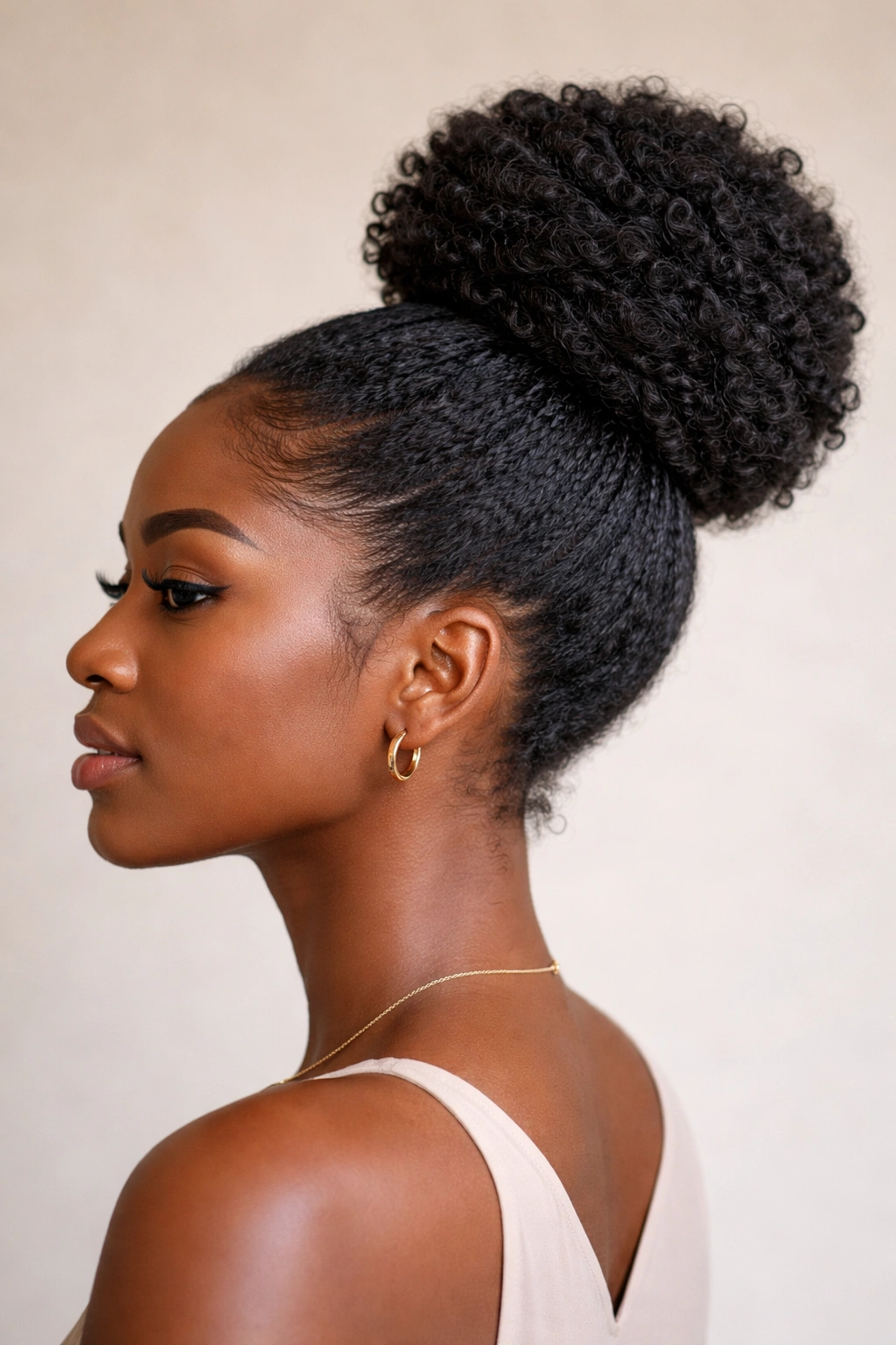 Close-up side profile of a high bun protective style on 4C hair.