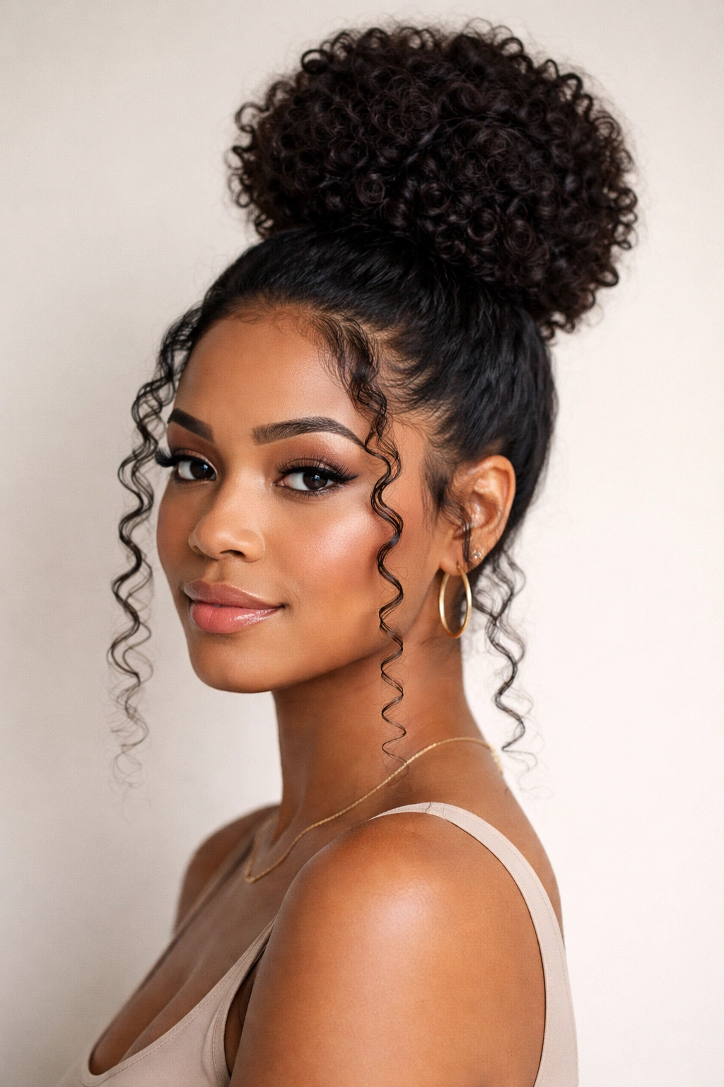 Close-up of high coily bun with face-framing tendrils on a neutral backdrop