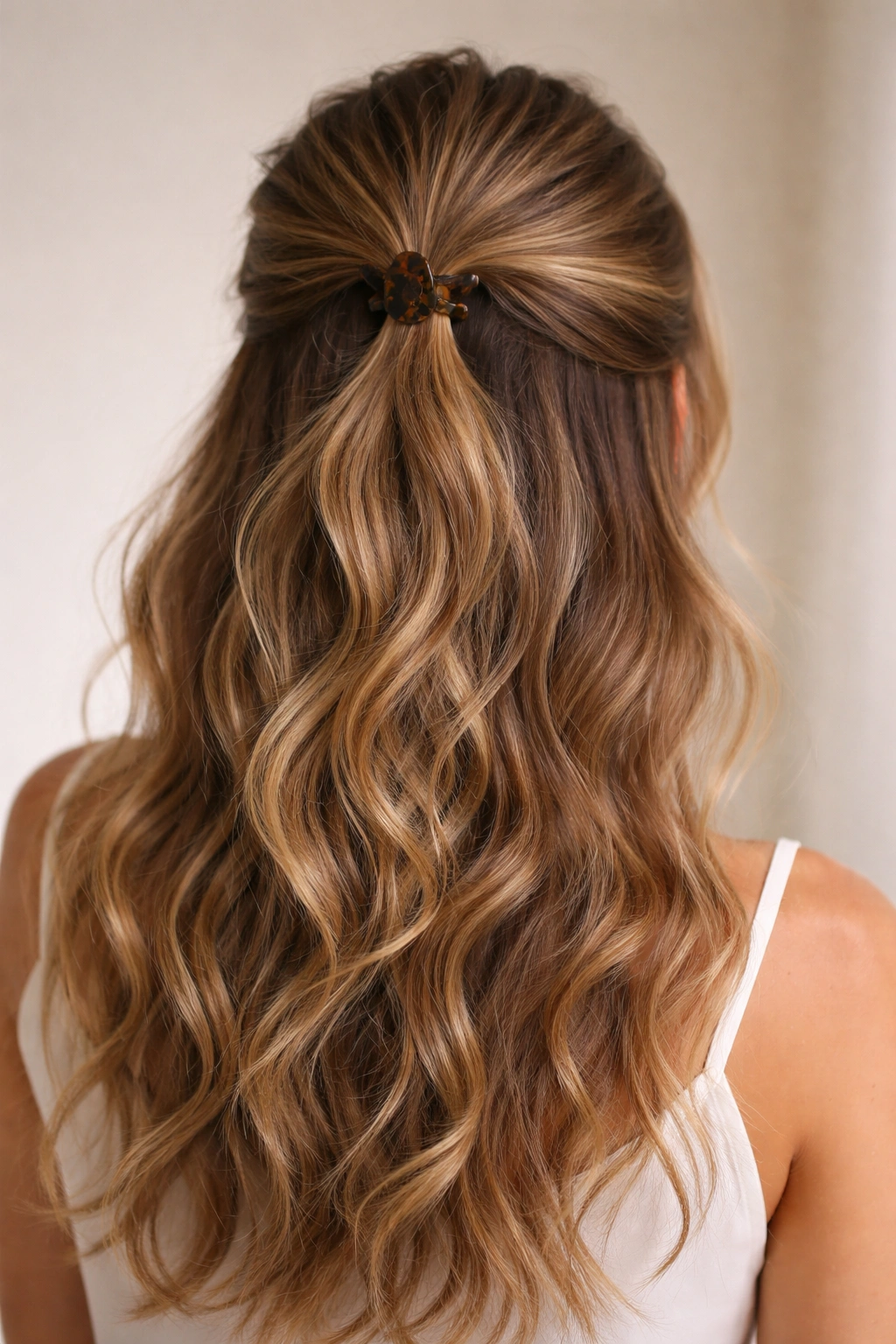 Close-up of The Classic High Claw hairstyle on wavy hair with crown gathered and hidden claw clip