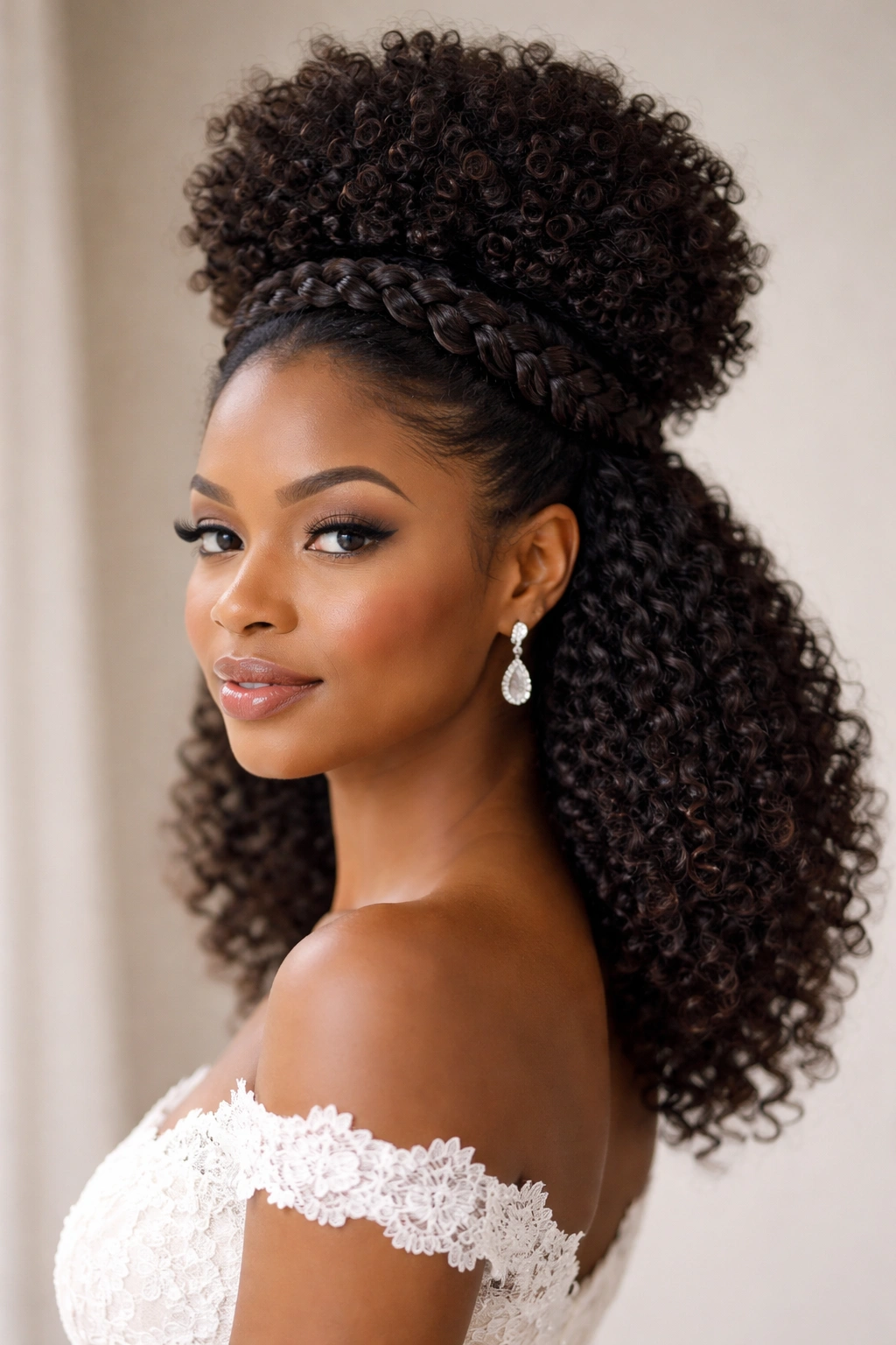 Close-up of a bridal high coil puff with a braided crown