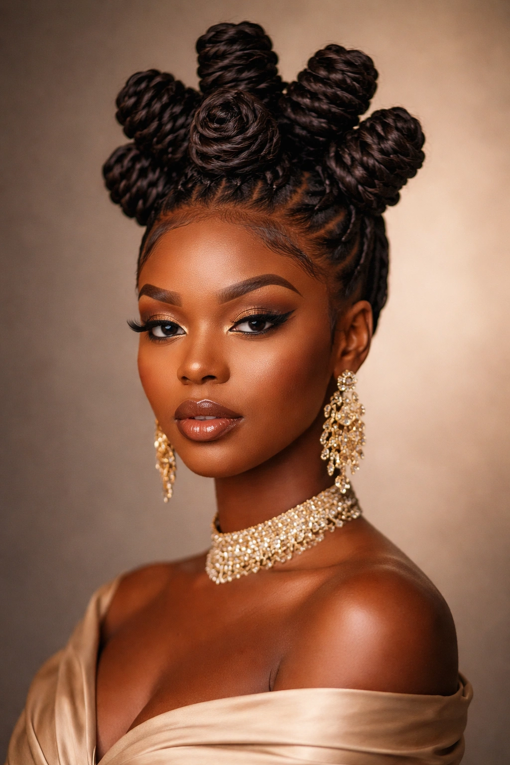 Front portrait showing high-crowned Bantu knots forming a tall crown on the head