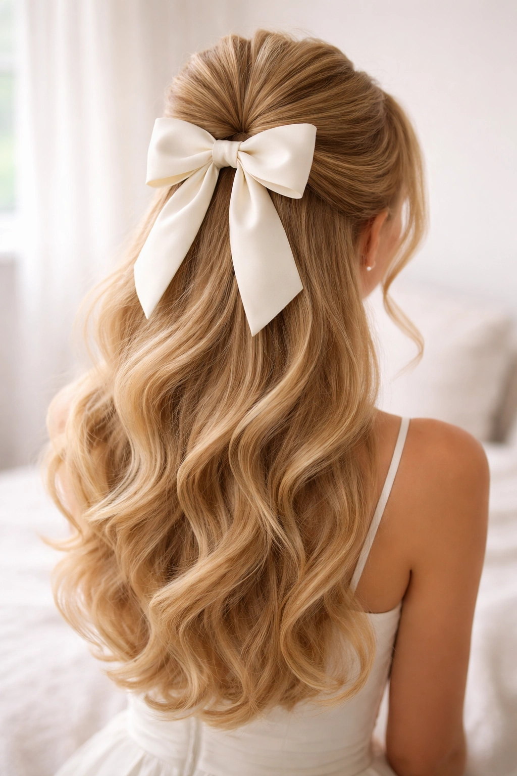 High crown half-up hairstyle with a large decorative bow