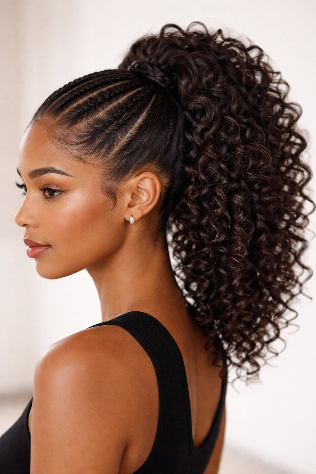 Close-up of a high crown cornrow ponytail showing curling texture