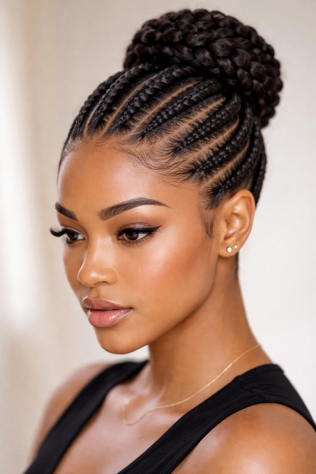 Close-up of high crown cornrows with tapered sides on a studio backdrop