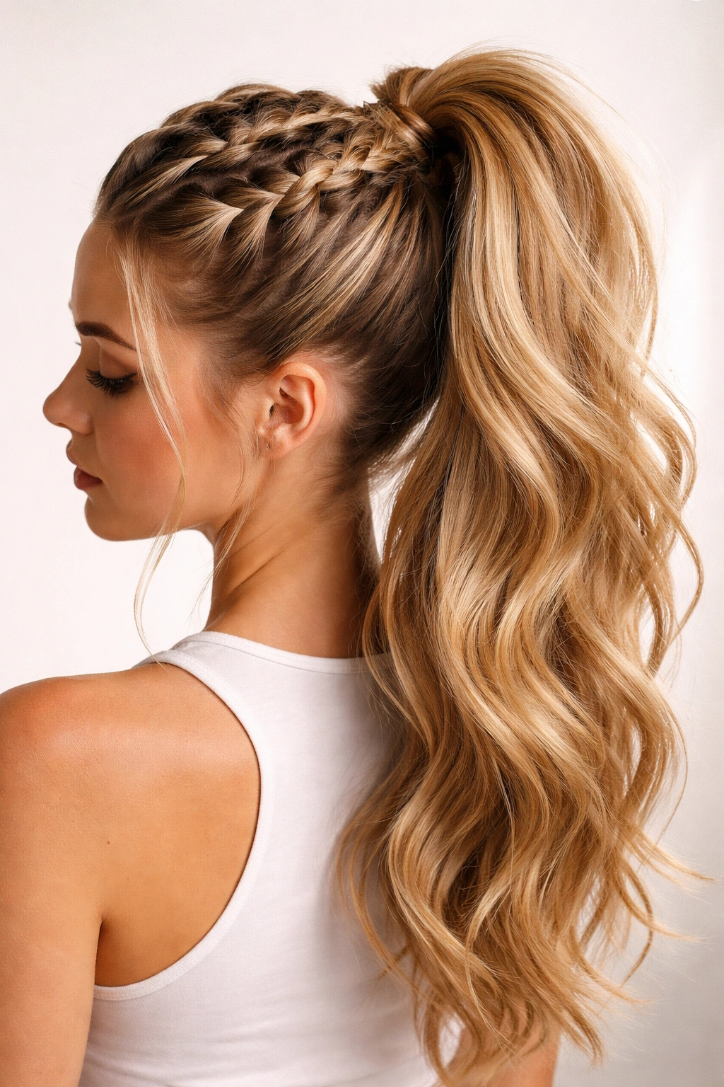 High-on-crown double weave braids forming a top ponytail with height