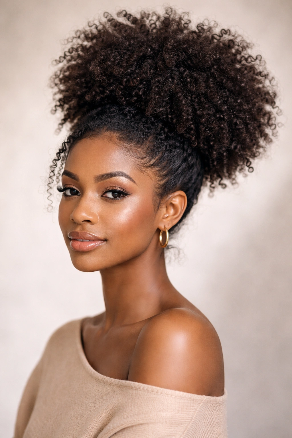 Close-up of a voluminous high crown puff on coily hair with crown-height curls