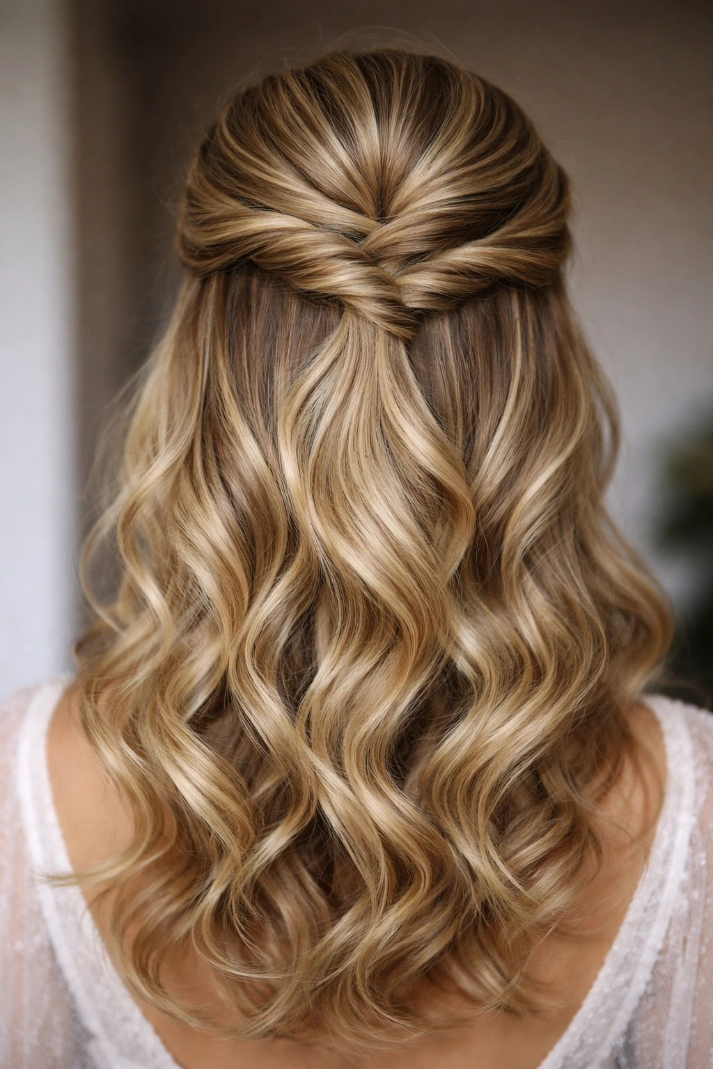 Twists meeting at the crown forming a voluminous top section with loose curls below.