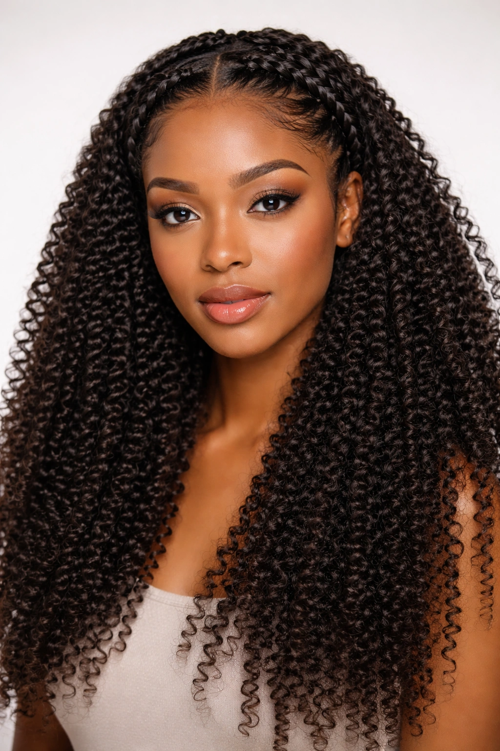 Close-up of high-definition coils with a braided crown in long natural hair