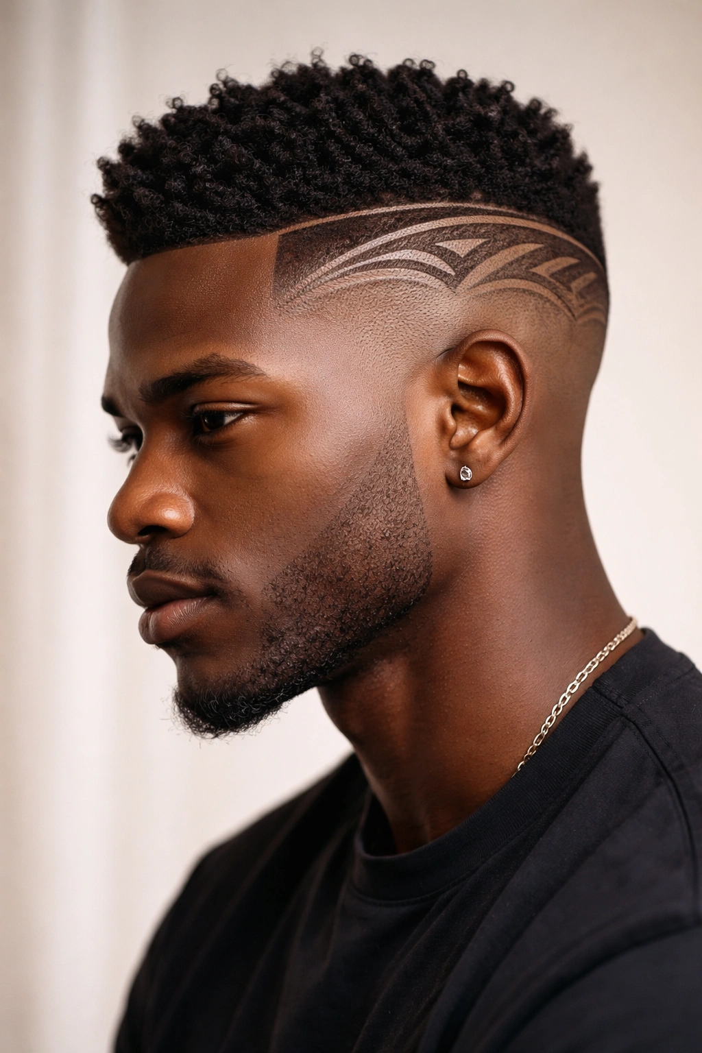 High fade hairstyle with traditional pattern lines