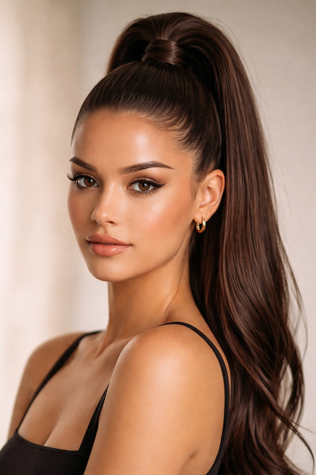 Close-up portrait of a person with a high frontal ponytail, showing sleek front sections and a polished crown.