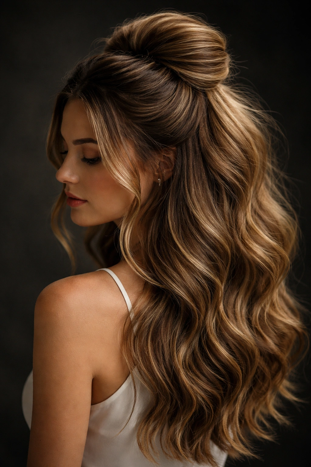 Portrait of a high-volume half-up hairstyle with teased crown and flowing waves
