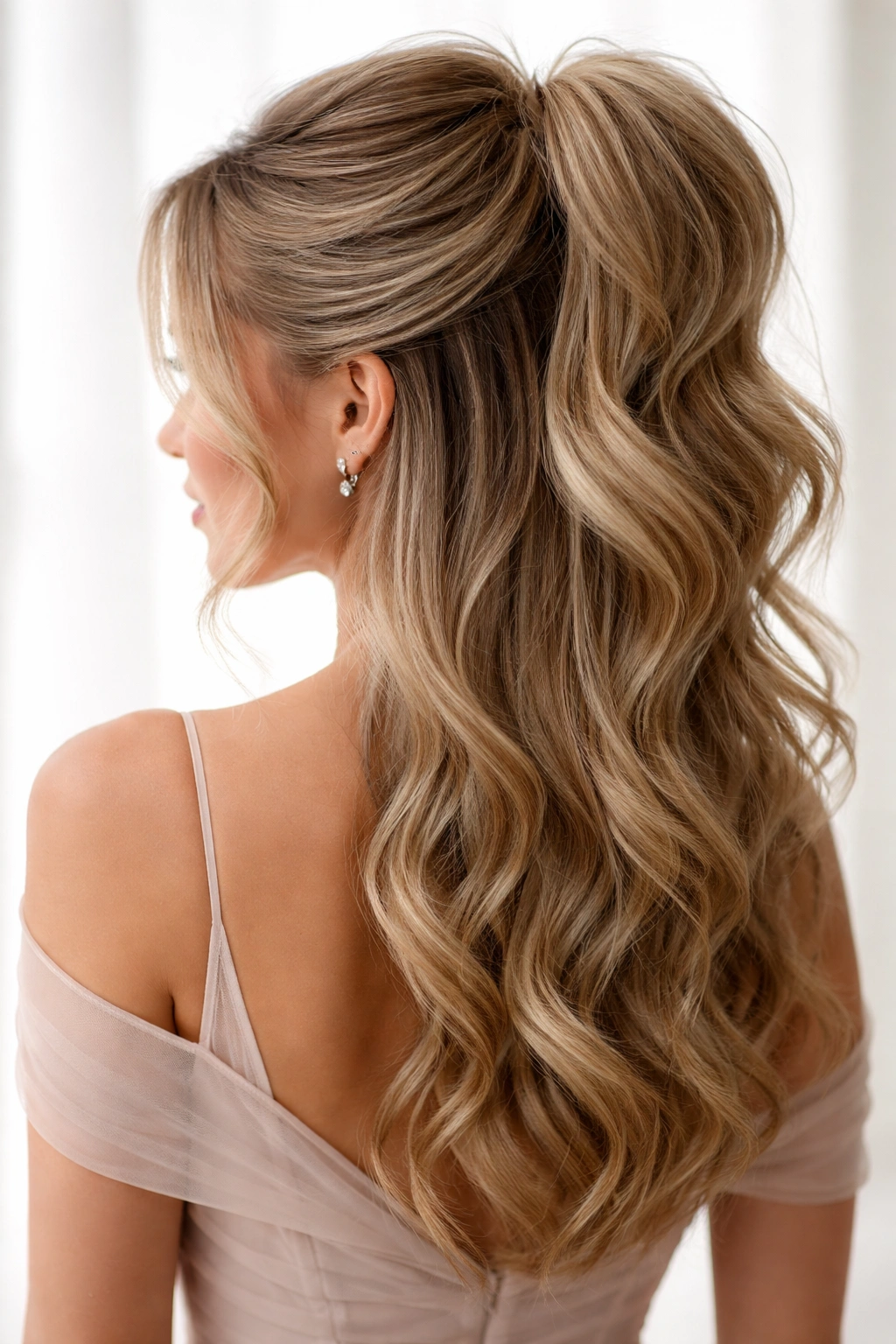 The High Half-Up with Volume and Layers showing a lofty crown and soft waves